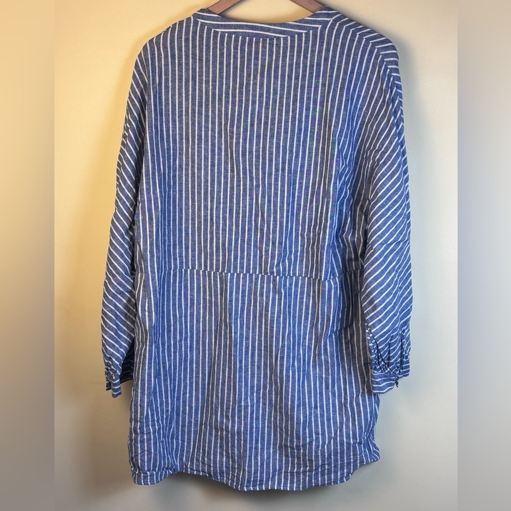 Zara TRF Blue and White Striped Shirt Tunic V neck Linen Size Large - Picture 2 of 5